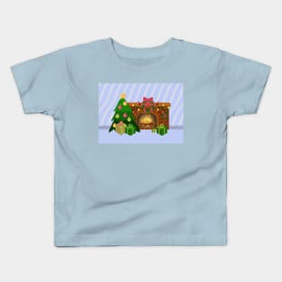 Cozy Christmas near fireplace blue back Kids T-Shirt